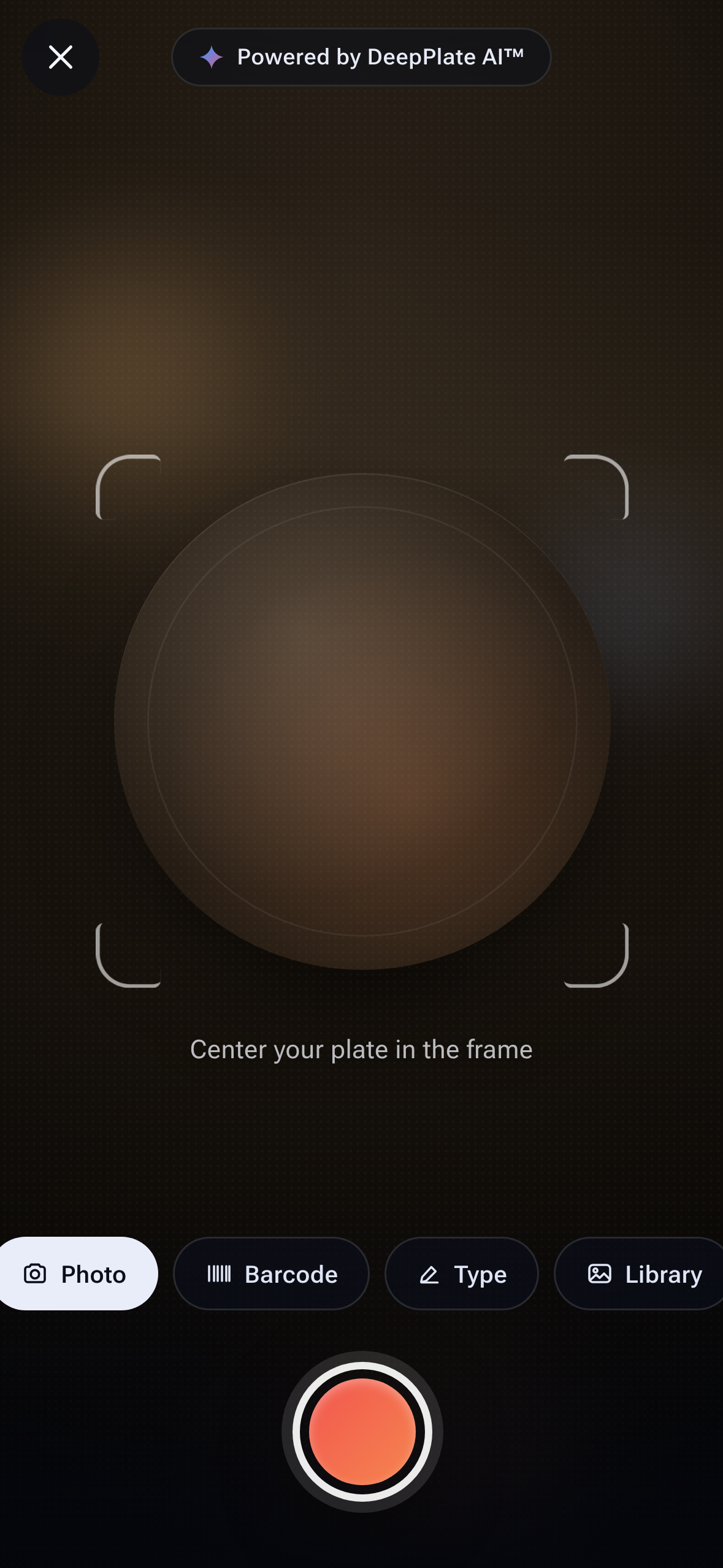 FitDietAI camera screen with Photo, Barcode, Type, and Library scanning modes